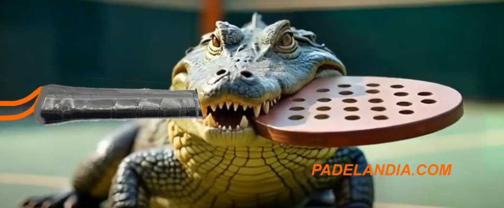 Imagen risueña de un cocodrilo mordiendo una paleta de padel