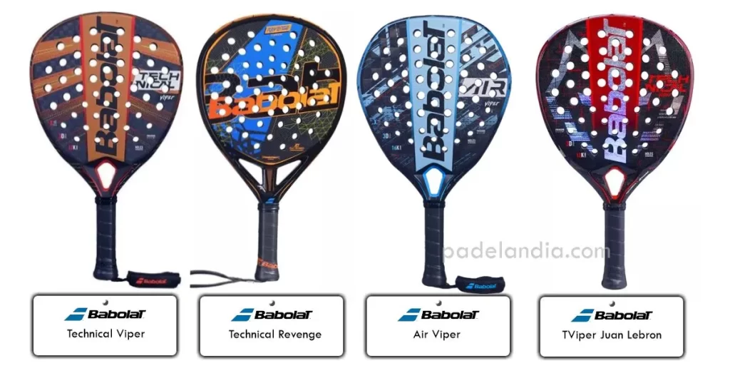 Imagen de los 4 modelos de palas Babolat: Technica Viper, Revenge, Air Viper y Viper Lebron.